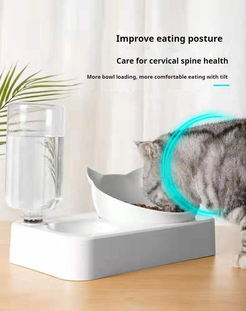 Double Dog Cat Bowls Water and Food Bowl Tilted15 Degrees Raised Cat Bowls with Automatic Water Bottle-Pet Feeder
