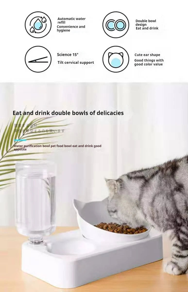 Double Dog Cat Bowls Water and Food Bowl Tilted15 Degrees Raised Cat Bowls with Automatic Water Bottle-Pet Feeder