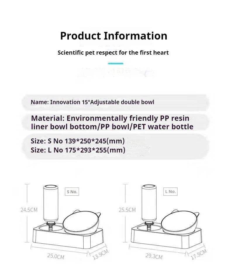 Double Dog Cat Bowls Water and Food Bowl Tilted15 Degrees Raised Cat Bowls with Automatic Water Bottle-Pet Feeder