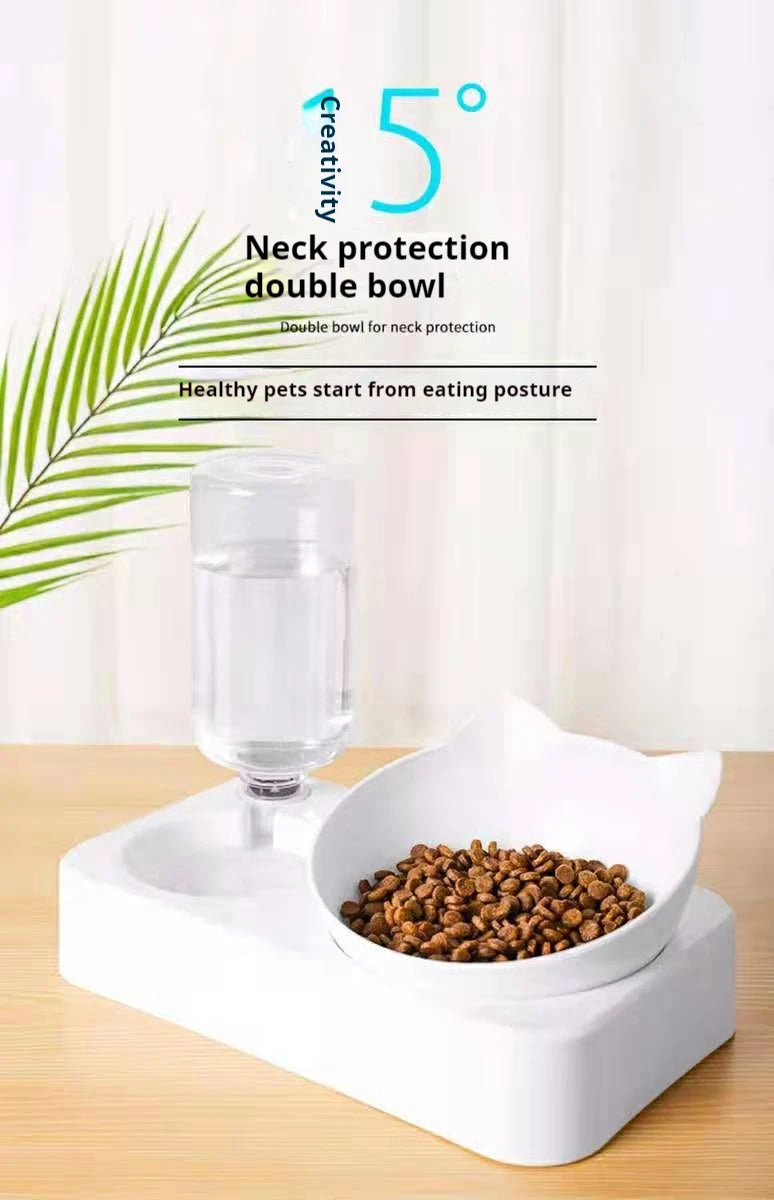 Double Dog Cat Bowls Water and Food Bowl Tilted15 Degrees Raised Cat Bowls with Automatic Water Bottle-Pet Feeder